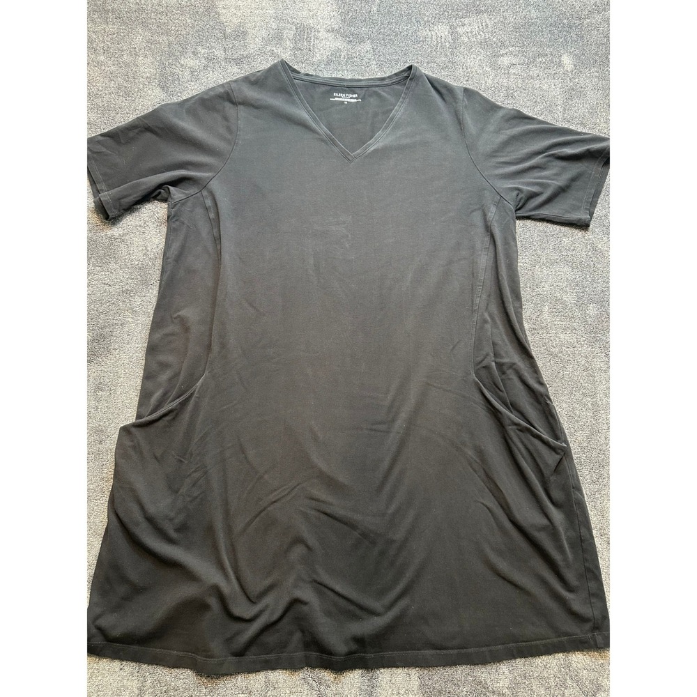 Eileen Fisher Woman Black Cotton Blend V-Neck Short Sleeve Pocket Dress 1X-229